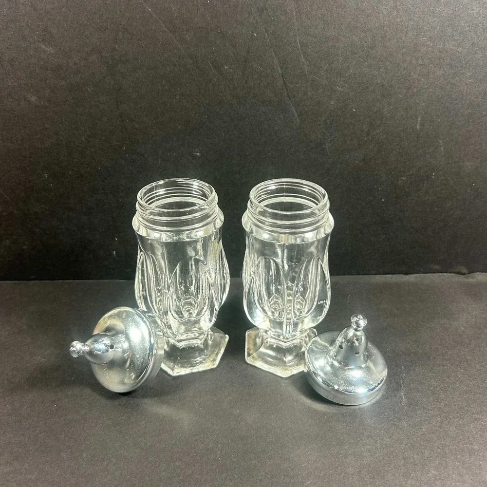 Vintage Fostoria Crystal Revere Footed Metal Lid Salt and Pepper Shaker Set